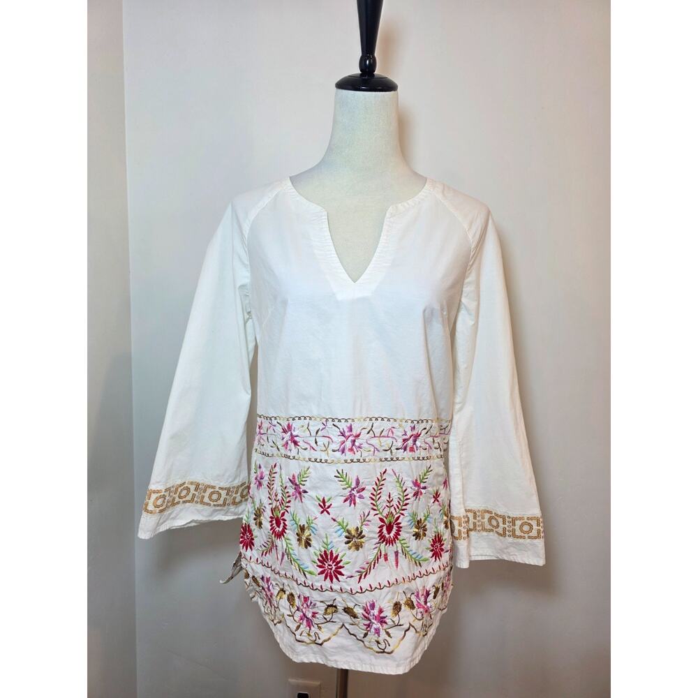 Tracy Porter Top Womens S White Floral Embroidered Tunic Bell Sleeve Sequin Boho